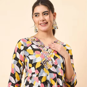 Kurta de algodón puro regular con estampado Floral para mujer con pantalones para mujer, producto a granel, ropa de mujer personalizada - Product Image 1