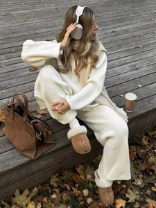 Completo da <span class=keywords><strong>Donna</strong></span> Blubelle Casual Autunno Inverno alla Moda Nuovo con Pullover Oversize Lavorato <span class=keywords><strong>a</strong></span> Costine con Mezza Zip e <span class=keywords><strong>Pantaloni</strong></span> <span class=keywords><strong>a</strong></span> Gamba Larga in Tinta Unita - Product Image 6