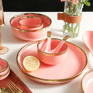 Luz de lujo estilo chica Rosa oro borde cerámica vajilla conjunto hogar Internet famoso cuenco de arroz - Product Image 4
