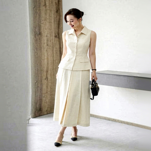 CV9074 Women <b>Office</b> Lady Elegant Solid Color Satin Floor-Length Pleated Design <b>Skirt</b> Pocket Natural Waistline All Seasons Wear - Product Image 1