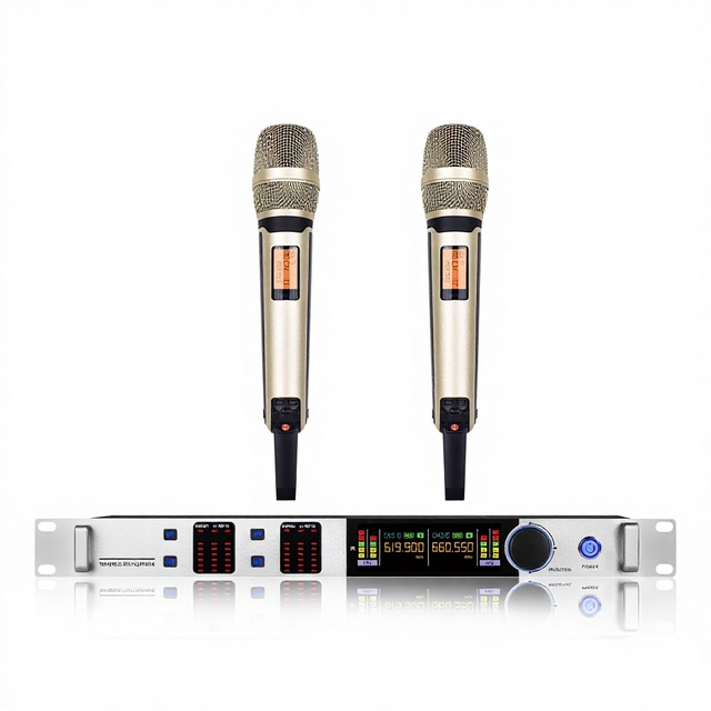 Aidi Led Uhf Wireless Handheld Karaoke Microphone Professional Metal Wireless Systems 2 Channels Noise Cancelling Gold Color