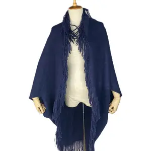 Good sale cloak in dark color with tassels in soft feel fashion style for women scarf & shawls