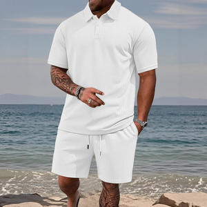 Ensemble polo bleu clair pour homme, manches courtes, couleur unie, coupe décontractée, tenue d'été, texture jacquard, style sportif - Product Image 2