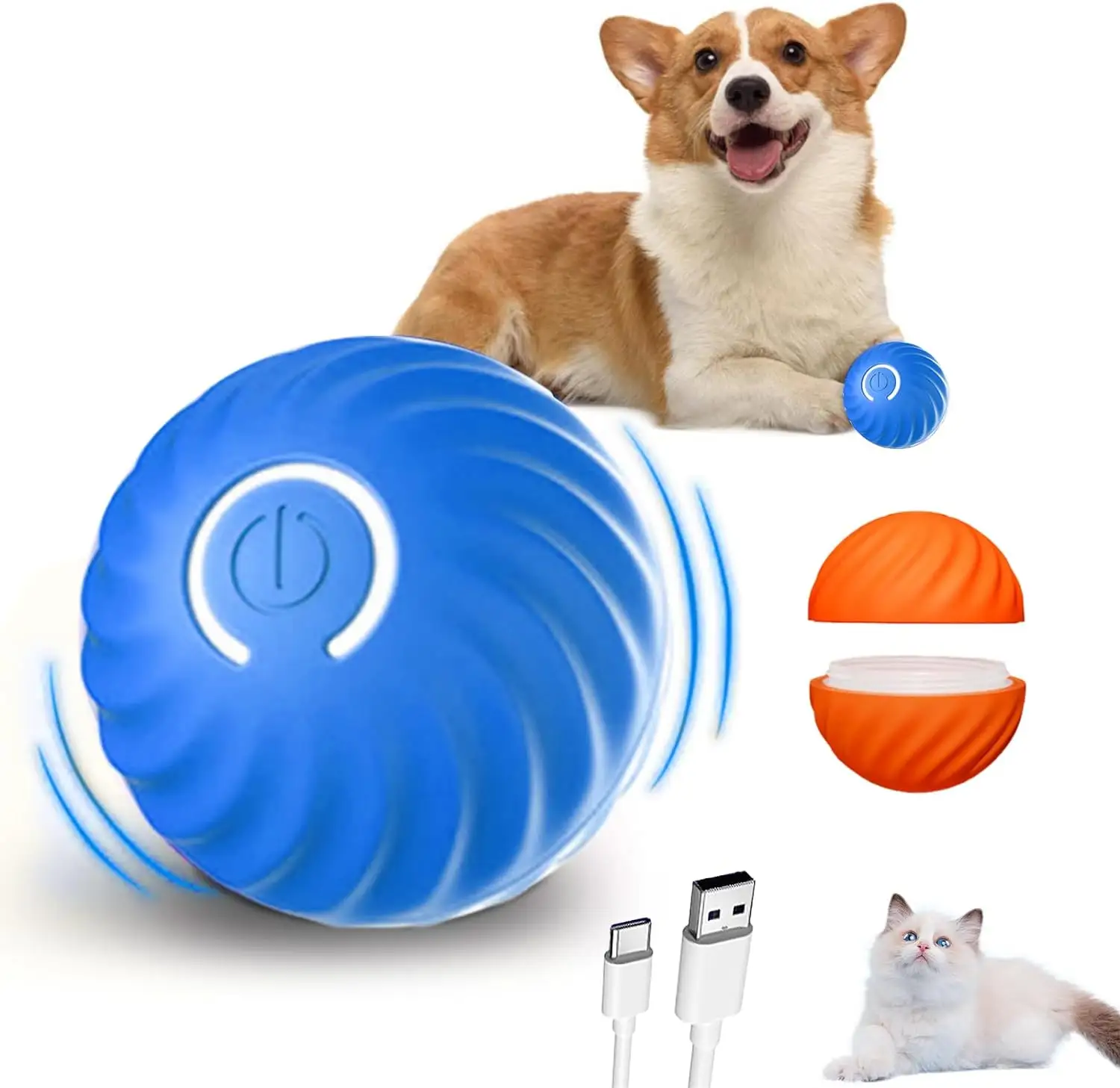 स्मार्ट ऑटोमैटिक रोलिंग बॉल इंटरैक्टिव डॉग कैट बॉल रबर इंटरैक्टिव पालतू कुत्ता खिलौना च्यू बॉल एलईडी लाइट के साथ