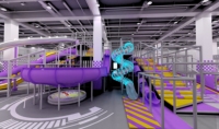 Aire de jeux intérieure moderne et personnalisée pour enfants, avec parcours d'obstacles, toboggan et zone de trampolines, pour centre commercial.