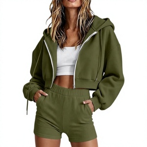 Ensembles de vêtements pour femmes, shorts ajustés et sweat-shirts à capuche zippés, ensembles de 2 pièces pour la détente, mélange de polyester/coton, 320 GSM - Product Image 3