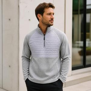 Men Heather Gray Quarter Zip Stand Collar Pullover <b>Sweatshirt</b> Raglan Sleeve <b>Quilted</b> Chest Panel Casual Regular Fit Winter Wear - Product Image 1