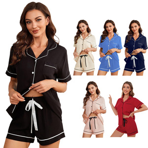 Ensemble de pyjama court en polyester doux tricoté pour femme OEM, manches courtes, vêtements d'intérieur d'été, logo par transfert thermique - Product Image 1