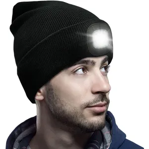 LED Beanie with Light USB Rechargeable Lighted 4 LED Headlamp Hat