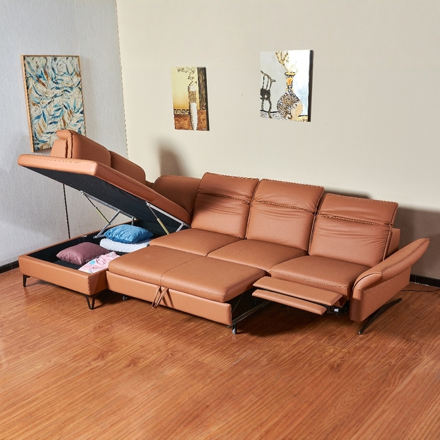 Smart L-Shaped Sectional Sofa Bed with Hidden Storage Chaise Electric Recliner and Convertible Pull-out Bed for Living Room