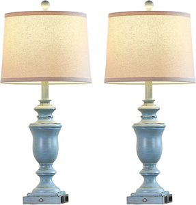 3-kênh thay đổi độ sáng phòng ngủ trang trại Đèn bàn 2 USB + AC ổ cắm Retro nhựa màu xanh mộc mạc cảm ứng ánh sáng cho phòng khách bảng - Product Image 6