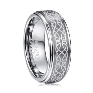 Alin kustom perak disikat Tungsten karbida cincin pernikahan Laser terukir pita perak cincin simpul Celtic