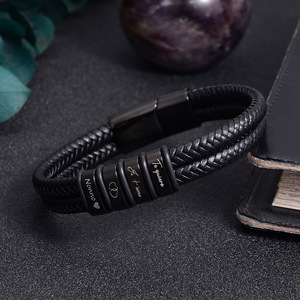 One Man Double Layer <b>Leather</b> <b>Bracelet</b> Black Titanium Steel Magnetic Clasp Men's Stylish Commute Jewelry - Product Image 1
