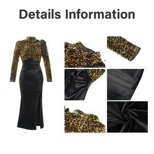 ZYHT 51523 Elegante Abito Aderente Midi in Velluto <span class=keywords><strong>Nero</strong></span> e Oro <span class=keywords><strong>con</strong></span> Paillettes, Collo Alto, Maniche Lunghe e <span class=keywords><strong>Spacco</strong></span> <span class=keywords><strong>Laterale</strong></span> Alto - Product Image 4