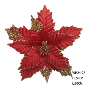 Customized 24cm Christmas Decoration Artificial Poinsettia Flower With Glitter