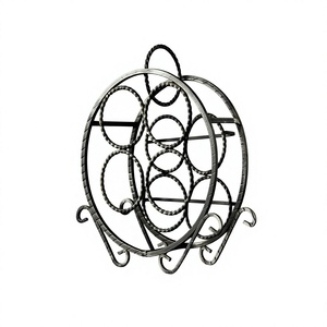 Porte-bouteilles rond sur pied avec design en cercle torsadé, finition or antique, support de rangement multi-bouteilles - Product Image 3