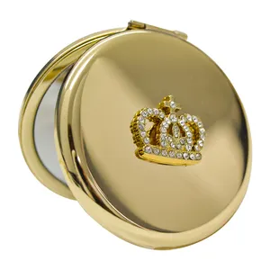 Promotional Gift Double Sides Diamonds Custom Portable Folding Metal Rose Gold Crown Cosmetic Pocket Mirror