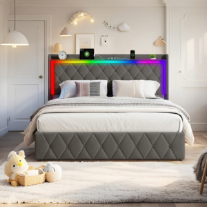 GiườNg Lưu trữ LED hiện đại-Thang máy thủy lực cho không gian ẩn, đầu giường thay đổi màu sắc, xây dựng bọc chắc chắn - Product Image 1