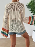 Nationaler Stil Häkelarbeit Regenbogen Langarm-Cardigan Handgestrickter Pullover mit Durchbrochenem Oberteil