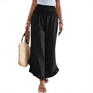 Women's High Waisted Elastic Waist Loose Wide Leg <b>Chiffon</b> Flat Front Ruffles Solid Black Bohemian Style Summer Full Length Pants - Product Image 2