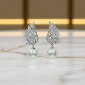 Boucles d'oreilles pendantes E2533 en argent 925 plaqué rhodium avec perles Akoya cultivées de qualité AAA, perles blanches rondes, classiques pour femmes, pour mariage - Product Image 2