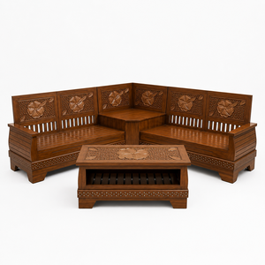 Juego de Sofá en Forma de L de Madera Tallada Tradicional con Mesa de Centro, Muebles de Salón de Madera Maciza Hechos a Mano - Product Image 5