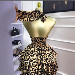 Abito <span class=keywords><strong>Corto</strong></span> Estivo da Donna Stile Europeo-Americano, Nuovo Modello Dolce con Stampa Leopardata, Senza Maniche, Collo Impero, Plissettato e Voluminoso - Product Image 4