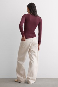 Camicetta da <span class=keywords><strong>donna</strong></span> casual in pizzo con scollo a V, maniche lunghe, <span class=keywords><strong>bordeaux</strong></span>, aderente, arricciata, slim fit - Product Image 2