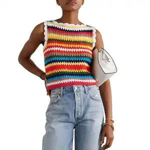 Custom OEM ODM Crocheted Women Sweater Vest Hollow Out Hand Crocheted Knitwear Camisole Sweater Tops Sweater Vest