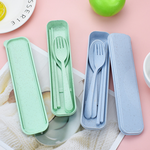 Hot bán tái sử dụng sinh thái thân thiện cấp thực phẩm du lịch trẻ em xách tay của nhựa rơm lúa mì thiết lập dao kéo với trường hợp - Product Image 4