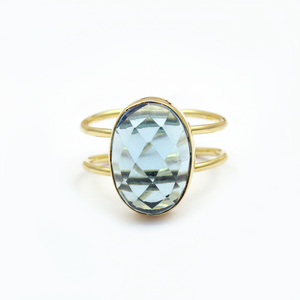 Véritable pierre de topaze bleue Bague ronde en laiton plaqué or Bague ajustable parfaite-1088 - Product Image 1