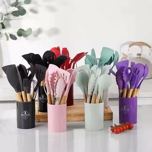 12 Pcs Custom <b>Silicone</b> Cookware Set With Wooden Handle Includes Knife Spoon Ladle-Food Kitchen Accessories <b>Tool</b> - Product Image 1