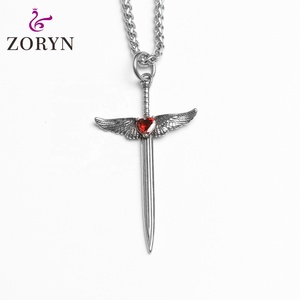 Colliers Pendentifs Cœur Épée Ailée en Acier Inoxydable, Bijoux de Mode Gothique Punk Viking Ange Guerrier en Acier Titane pour Hommes - Product Image 1