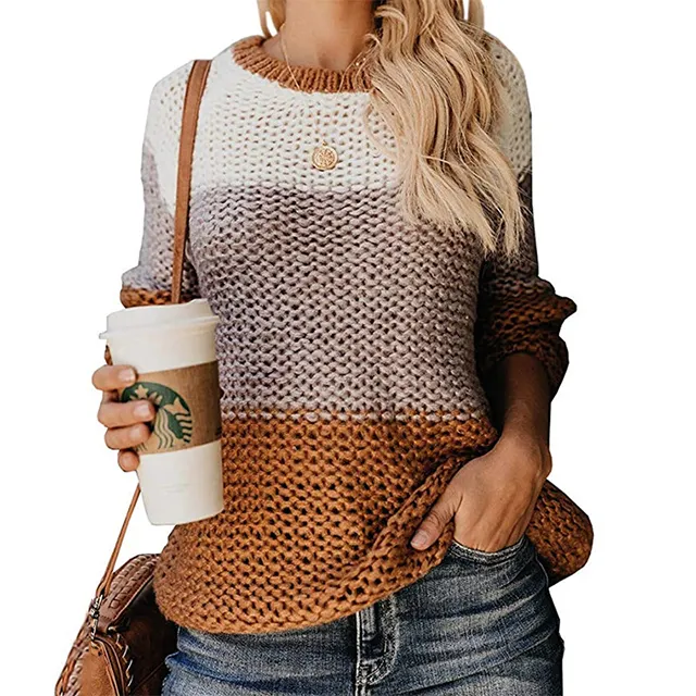 2019 Wholesale Lady Round Neck Striped Color Matching Sweater for Women Fashion Patchwork Sweaters