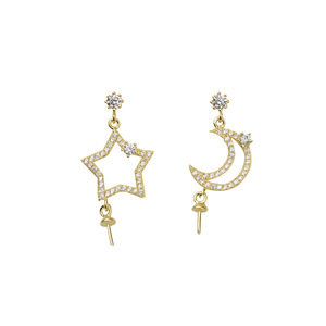 Boucles d'oreilles en argent S925 avec perles, accessoire de bricolage, style étoile et lune, support creux, produit semi-fini, nouveau design - Product Image 5