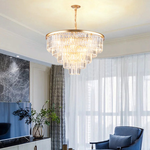 Modern <b>Crystal</b> <b>Chandelier</b> Gold Finish E26 LED 3500K Warm White Remote Control Adjustable Height Stainless Steel 5-Year Warranty - Product Image 1