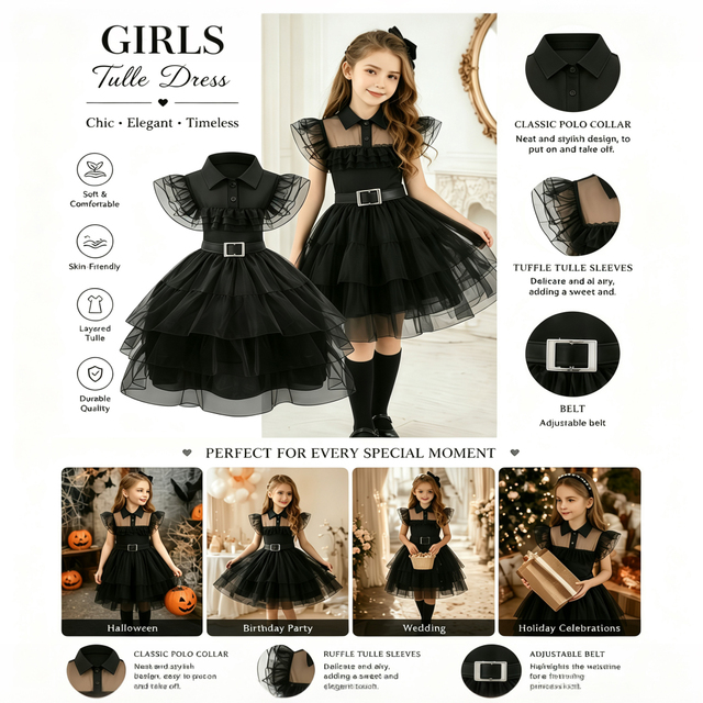 Factory Custom Children Black Princess Tulle Dress OEM Layered Gothic Party Costume Halloween Birthday Wholesale Ruffle Sleeves