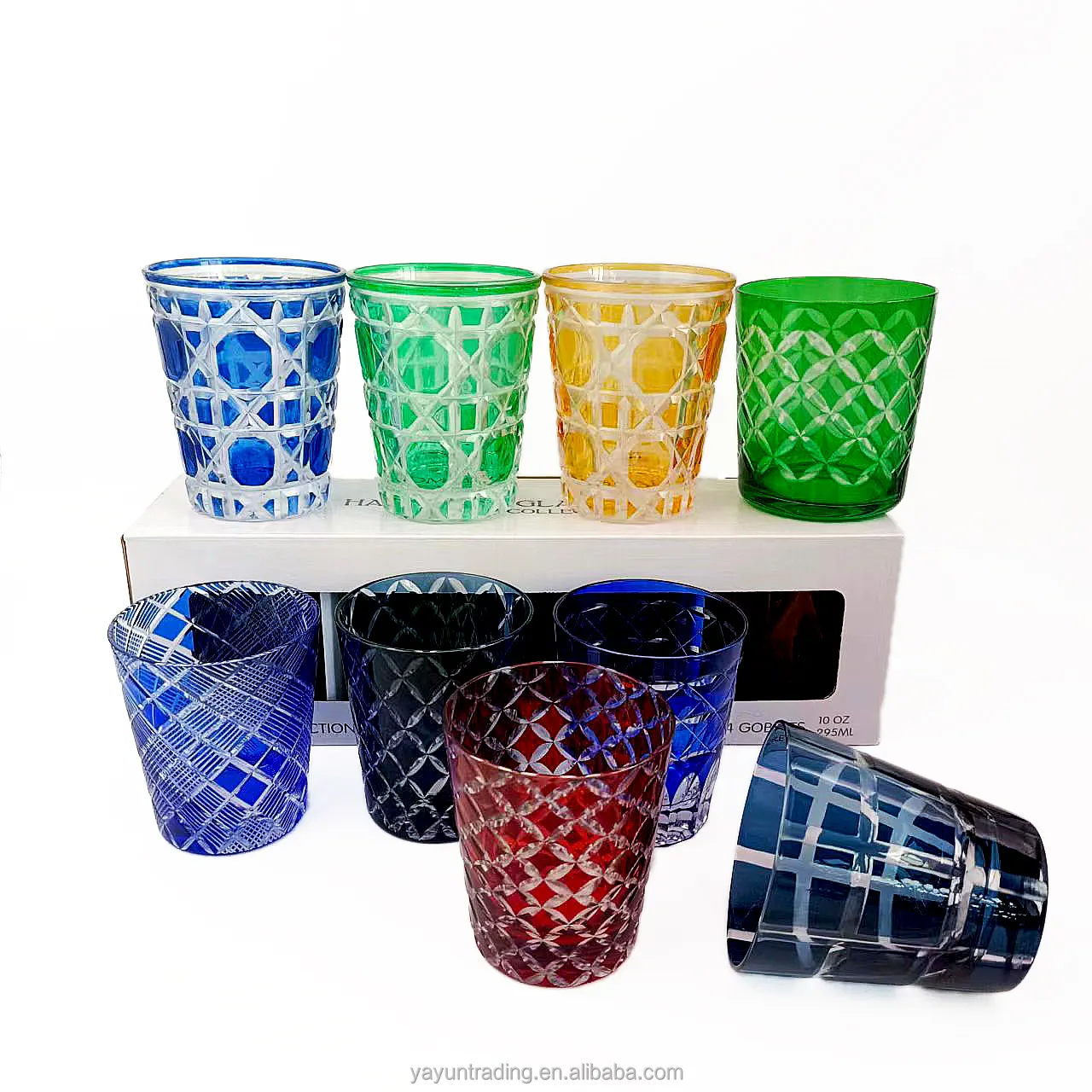 Popular Overlay Drinking Glass Tumblers With Hand Cutting Textured Pattern 8oz 9oz Wine Whisky Stemless Glass