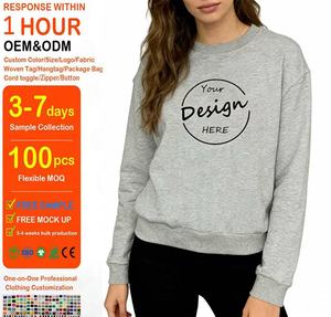 Sudadera de cuello redondo gris de felpa al por mayor, diseño de logotipo bordado personalizado, sudadera holgada de algodón para mujer, jersey de felpa francesa. - Product Image 1