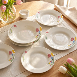 Plato hondo de cerámica contemporáneo con estampado de <span class=keywords><strong>tulipanes</strong></span> en <span class=keywords><strong>acuarela</strong></span>, tazón profundo para pasta con diseño floral colorido, apto para microondas, juego de vajilla. - Product Image 4