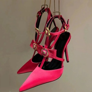 Ankle Buckles Women Metal Ornaments Stiletto High Heels Sandals Bow T-strap Slingback Ladies Summer Satin Dress Shoes - Product Image 2