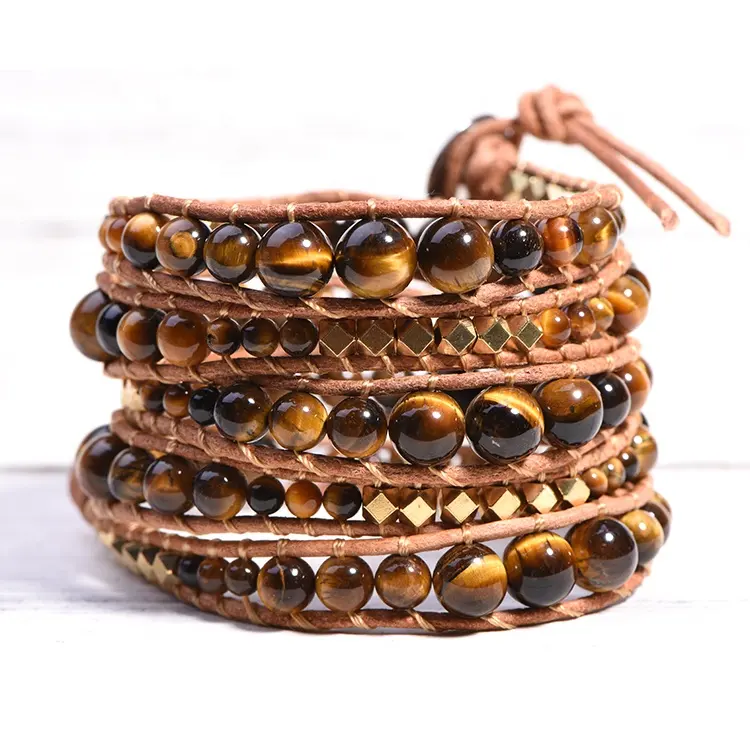 2020 new arrival Unique Gemstone Tiger Eye Beads Wrap Bracelets Handmade Healing Bracelet Men Leather Bracelet