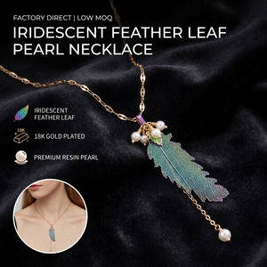 <span class=keywords><strong>Collier</strong></span> Y en or plaqué 18 carats avec pampilles en perles d'imitation, feuilles de plumes naturelles coupées et effet aurore boréale, cadeau tendance pour femme - Product Image 1