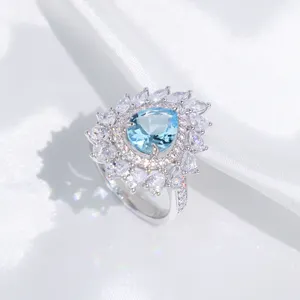 Diamond Rings Sparkling Blue Flower Zirconia Ring Eternity Wedding Women Rings Custom 925 Sterling Silver 50 Zinc Alloy Heart
