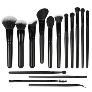 Beauty Products Cosmetic Professional Private Label 15pcs Custom Logo High Quality Vegan Synthetic Hair Black Makeup Brush Set