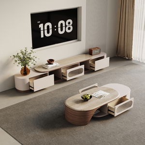 Modern Luxury Marble Wood <strong>Tv</strong> <strong>Stand</strong> and <strong>Oval</strong> Coffee Table Set for Living Room Stainless Steel Multifunction Furniture Design - Product Image 4