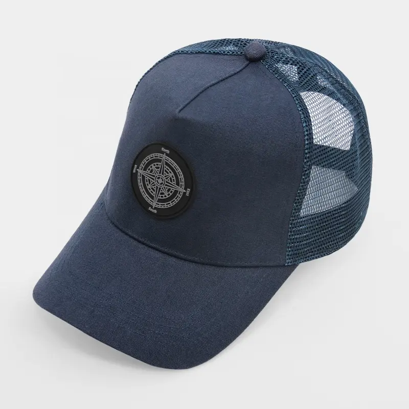 Topi jala pinggiran melengkung kustom 5 panel kualitas tinggi topi Trucker topi bisbol dengan tambalan kulit
