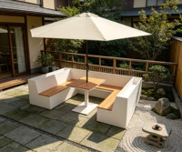 Ensemble table et chaises de jardin en WPC, banquette de salle à manger populaire pour l'extérieur, sièges pour l'accueil commercial, les magasins et les entrées