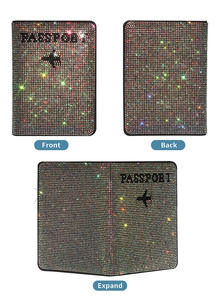 حامل جواز سفر فاخر مخصص لامع لامع من حجر الراين من الجلد الصناعي مع شعار مخصص للتعبئة وعرض البطاقات - Product Image 3