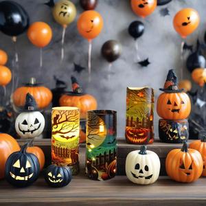 Halloween LED Candle Set of 3 Bat Black cat Evil Pumpkin Flameless Pillars with Remote Control Flicker Function Factory Custom - Product Image 2